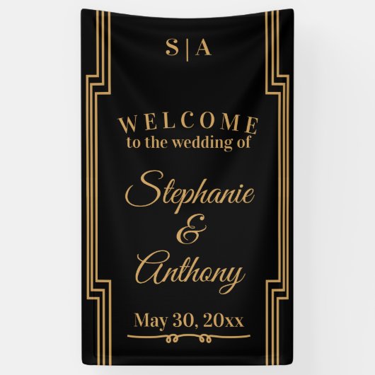 Minimalistisch zwart en gouden kunst Deco Wedding Spandoek (Verticaal)