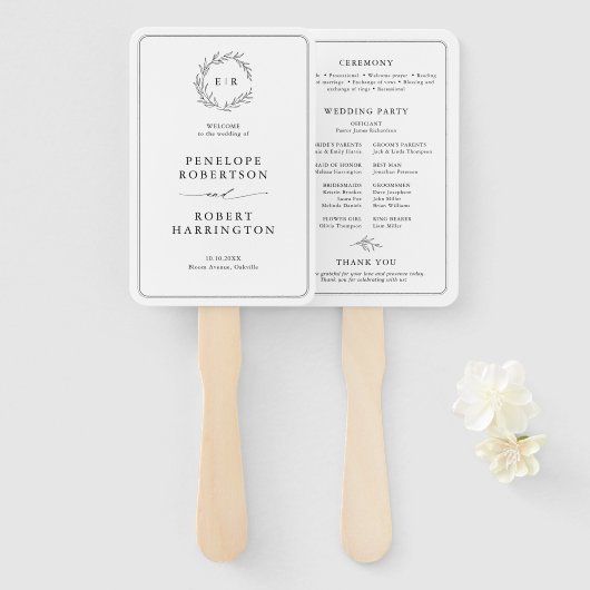 Minimalistisch zwart en wit blad huwelijksprogramm handwaaier (Voorkant en achterkant)