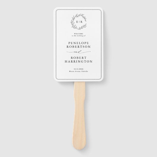 Minimalistisch zwart en wit blad huwelijksprogramm handwaaier (Voorkant)