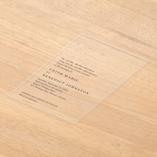 Minimalistisch zwart en wit modern huwelijk acryl uitnodigingen (Laagn)