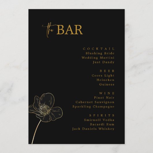 Minimalistisch Zwart & Goud Bruiloft Drinken Bar M Menu (Voorkant)