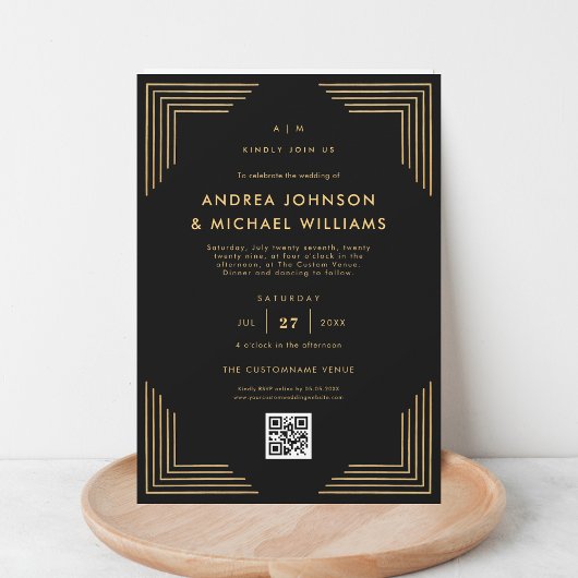 Minimalistisch zwart goud QR code bruiloft Kaart