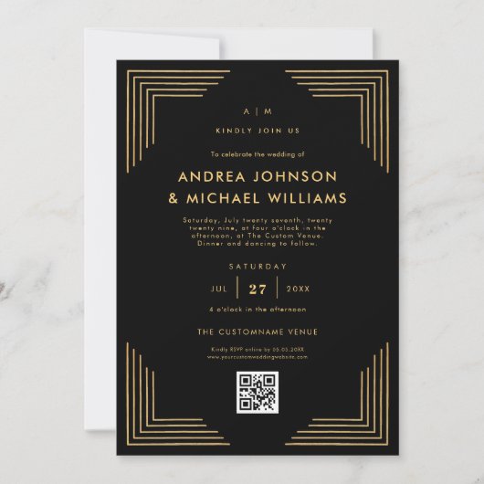 Minimalistisch zwart goud QR code bruiloft Kaart (Voorkant)