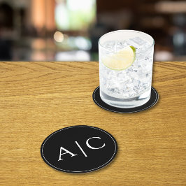 Minimalistisch zwart monogram huwelijk ronde kartonnen onderzetter