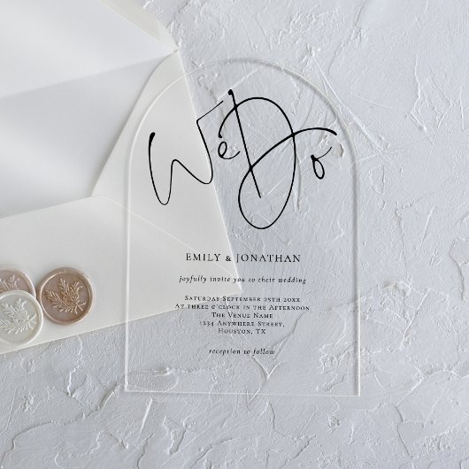 Minimalistisch zwart script dat we doen bruiloft acryl uitnodigingen