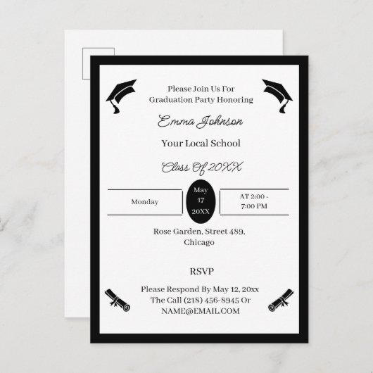 Minimalistisch zwart-wit aangepast Afstuderen Aankondigingskaart (Voorkant / Achterkant)