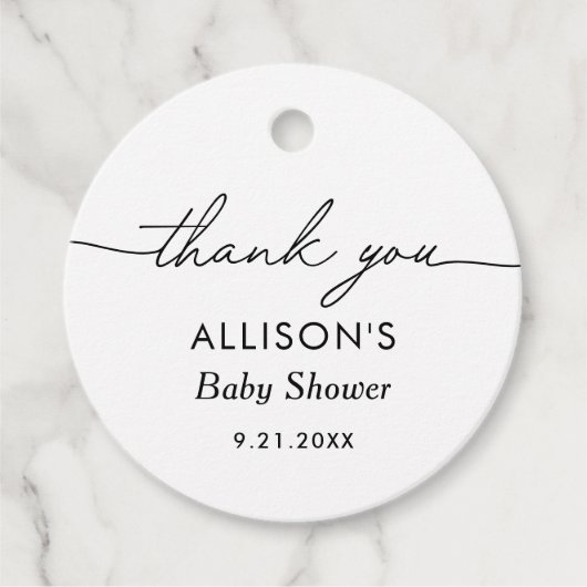 Minimalistisch zwart-wit Baby shower Bedankjes Labels (Voorkant)