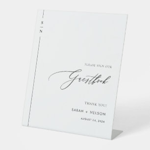 Minimalistisch zwart & wit bruiloft gastenboek reclamebord met voetstuk