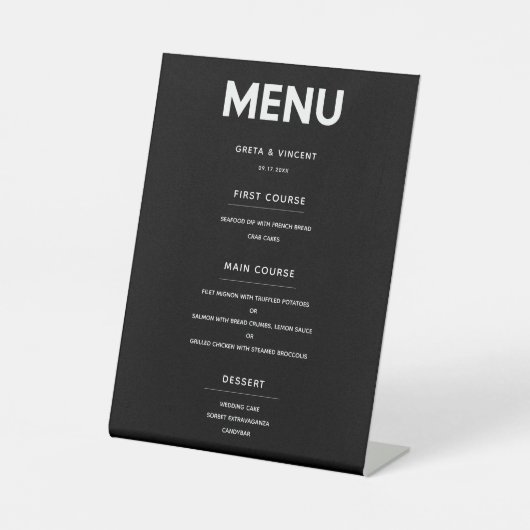 Minimalistisch zwart-wit bruiloft menu reclamebord met voetstuk (Voorkant)