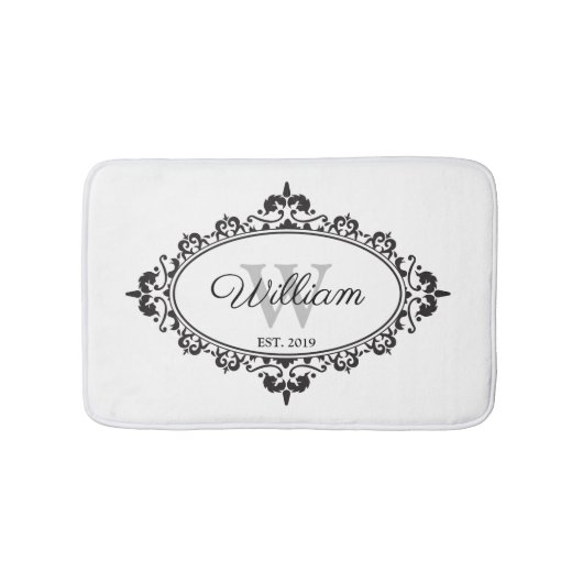 Minimalistisch zwart-wit  Damask Monogram Badmat (Voorkant)