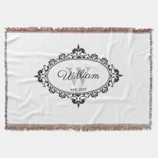 Minimalistisch zwart-wit  Damask Monogram Deken (Voorkant)