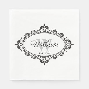 Minimalistisch zwart-wit Damask Monogram Servet