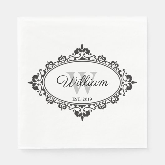 Minimalistisch zwart-wit  Damask Monogram Servet (Voorkant)