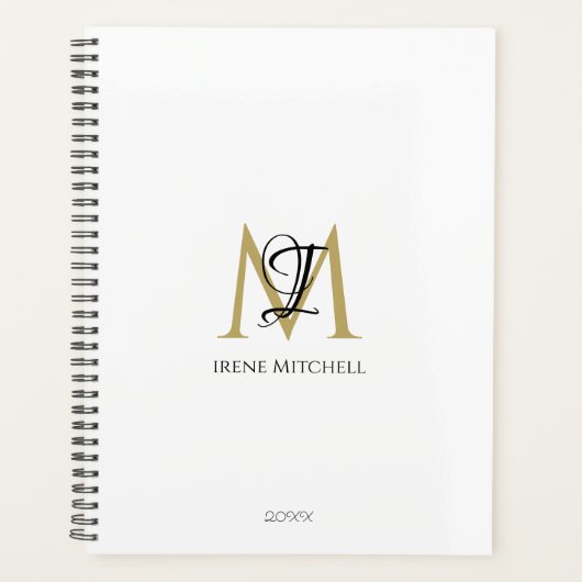 Minimalistisch Zwart Wit Goud Monogram Naam Modern Planner (Voorkant)