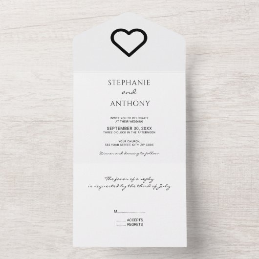 Minimalistisch zwart-wit harthuwelijk all in one uitnodiging (Binnen)