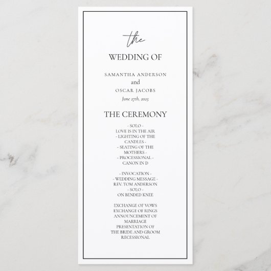 Minimalistisch zwart-wit huwelijksceremonie progra menu (Voorkant)