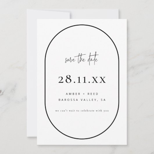 Minimalistisch zwart-wit met dubbelArch Retro Save The Date (Voorkant)