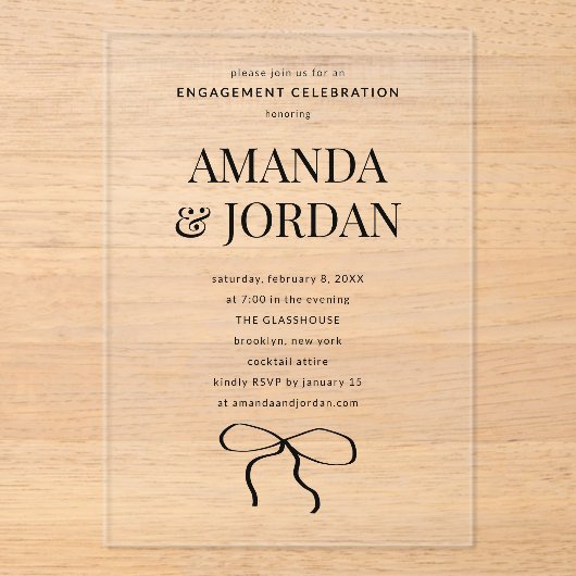 Minimalistisch zwart-wit met lint Verloving Acryl Uitnodigingen (Voorkant)