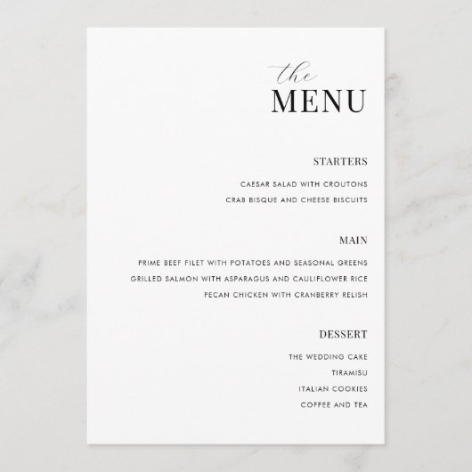 Minimalistisch zwart-wit modern huwelijksmenu menu (Voorkant)