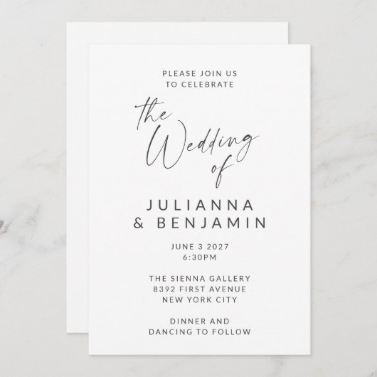 Minimalistisch zwart-wit modern script bruiloft kaart (Voorkant / Achterkant)