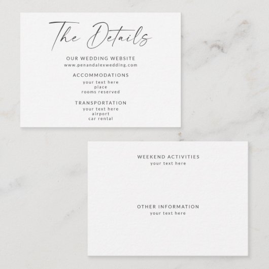 Minimalistisch zwart-wit, modern script informatiekaartje (Voorkant / Achterkant)