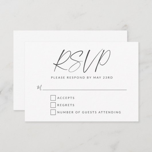 Minimalistisch zwart-wit, modern script RSVP kaartje (Voorkant / Achterkant)