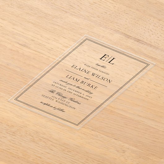 Minimalistisch zwart-wit monogram huwelijk acryl uitnodigingen (Laagn)