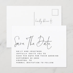 Minimalistisch zwart wit script slaat de datum op briefkaart