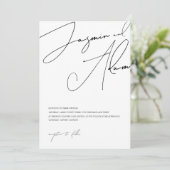 Minimalistisch zwart wit script typografie bruilof kaart (Staand voorkant)