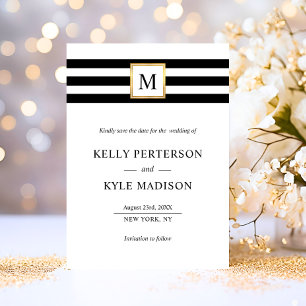 Minimalistisch Zwart Wit Strepen Monogram Goud Save The Date