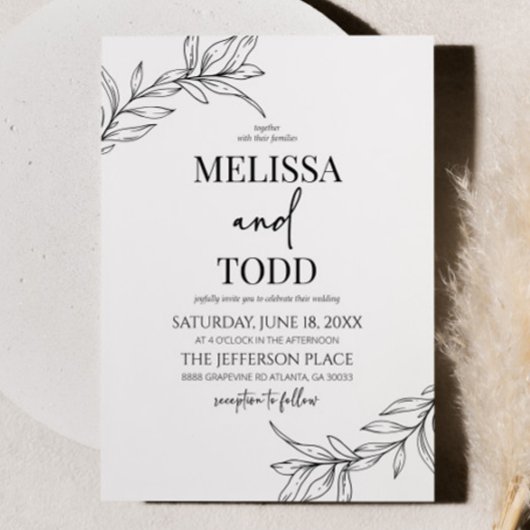 Minimalistisch zwart wit tak blad bruiloft kaart