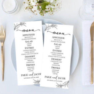 Minimalistisch zwart wit tak blad bruiloft menu