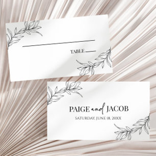 Minimalistisch zwart wit tak blad bruiloft plaatskaartje