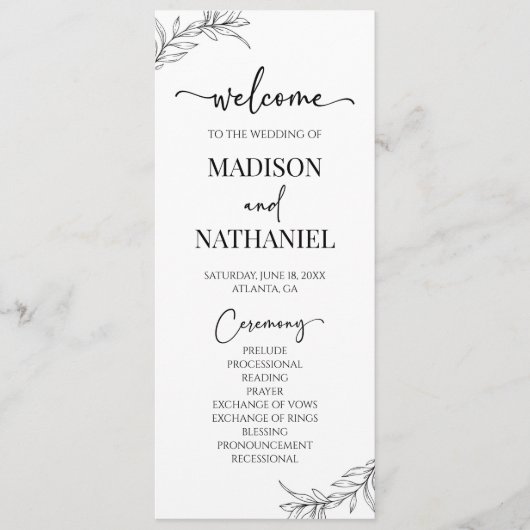Minimalistisch zwart wit tak blad bruiloft programma (Voorkant)