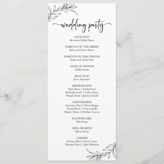 Minimalistisch zwart wit tak blad bruiloft programma (Achterkant)