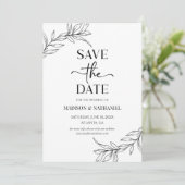 Minimalistisch zwart wit tak blad bruiloft save the date (Staand voorkant)
