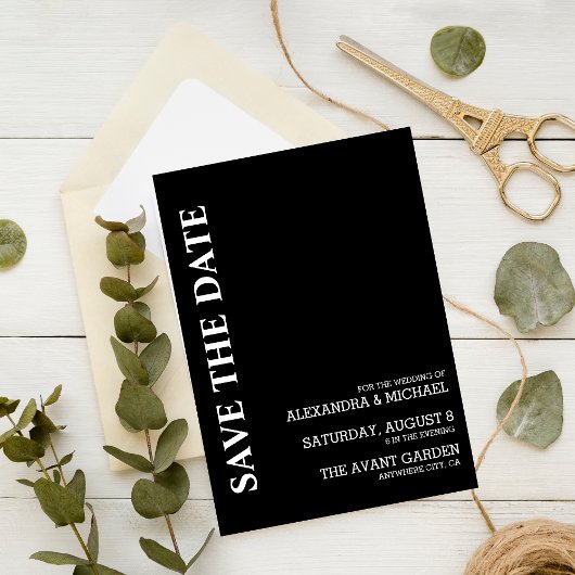 Minimalistisch zwart-wit tekstgebaseerd huwelijk save the date