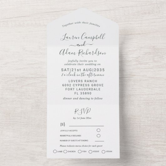 Minimalistisch zwart-witcalligrafie-huwelijk all in one uitnodiging (Binnen)