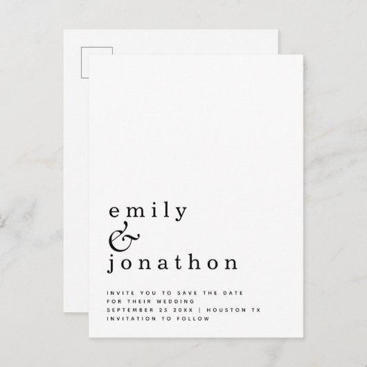 Minimalistisch zwart withuwelijk sparen de datum aankondigingskaart (Voorkant / Achterkant)