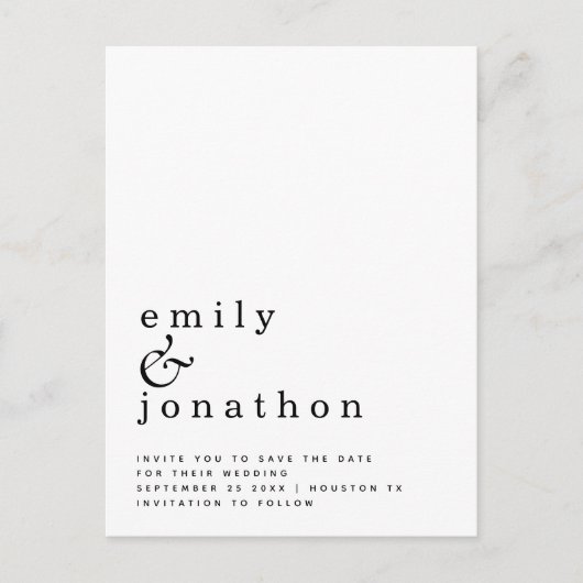 Minimalistisch zwart withuwelijk sparen de datum aankondigingskaart (Voorkant)