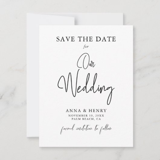 Minimalistisch zwart-witscript bruiloft save the date (Voorkant)
