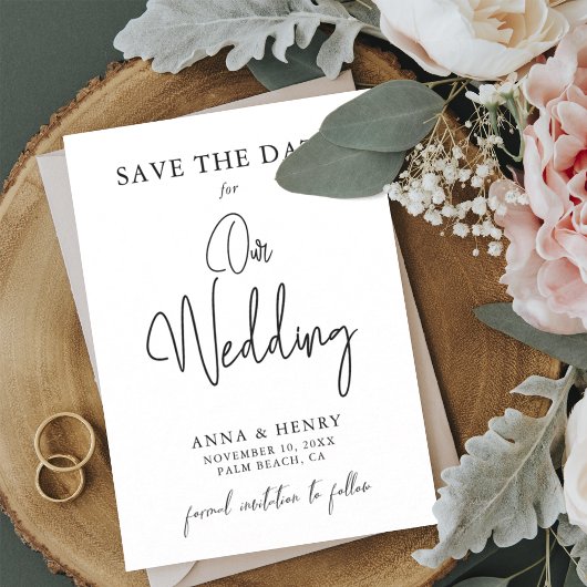 Minimalistisch zwart-witscript bruiloft save the date