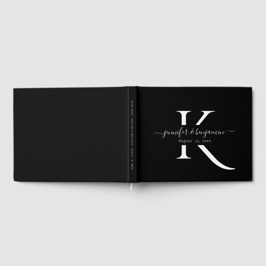 Minimalistisch zwart-witscript monogram bruiloften gastenboek (Volledig)