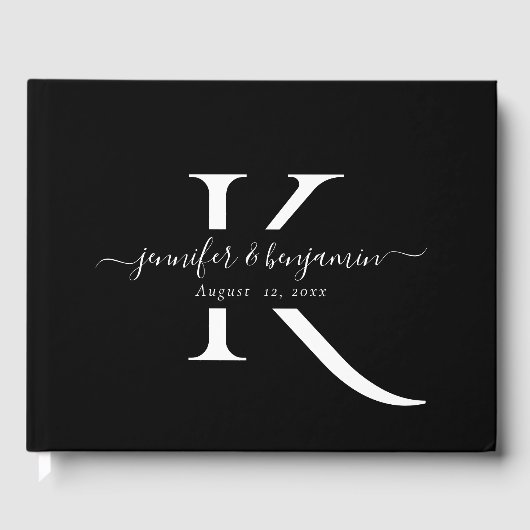 Minimalistisch zwart-witscript monogram bruiloften gastenboek (Voorkant)
