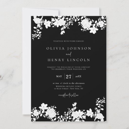 Minimalistisch zwart | Witte QR Code Bloemenbruilo Kaart (Voorkant)