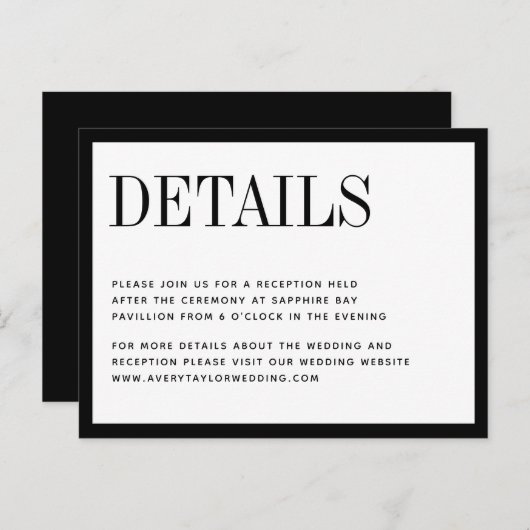 Minimalistisch zwarte witte bruiloft — Details kaa Uitnodiging Briefkaart (Voorkant / Achterkant)