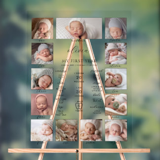 Minimalistische 1e verjaardag mijlpaal foto collag acryl bord