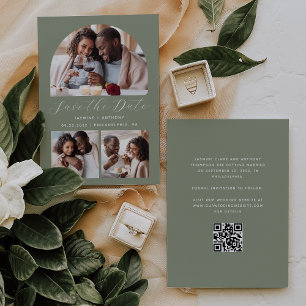 Minimalistische 3-foto boog QR code Sage Green Save The Date