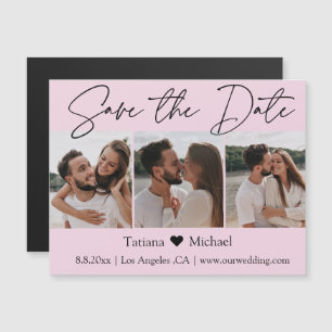 minimalistische 3 foto roze save the date magneet