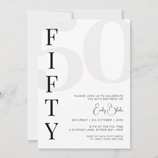 Minimalistische 50ste verjaardagsfeestuitnodiging kaart (Voorkant)